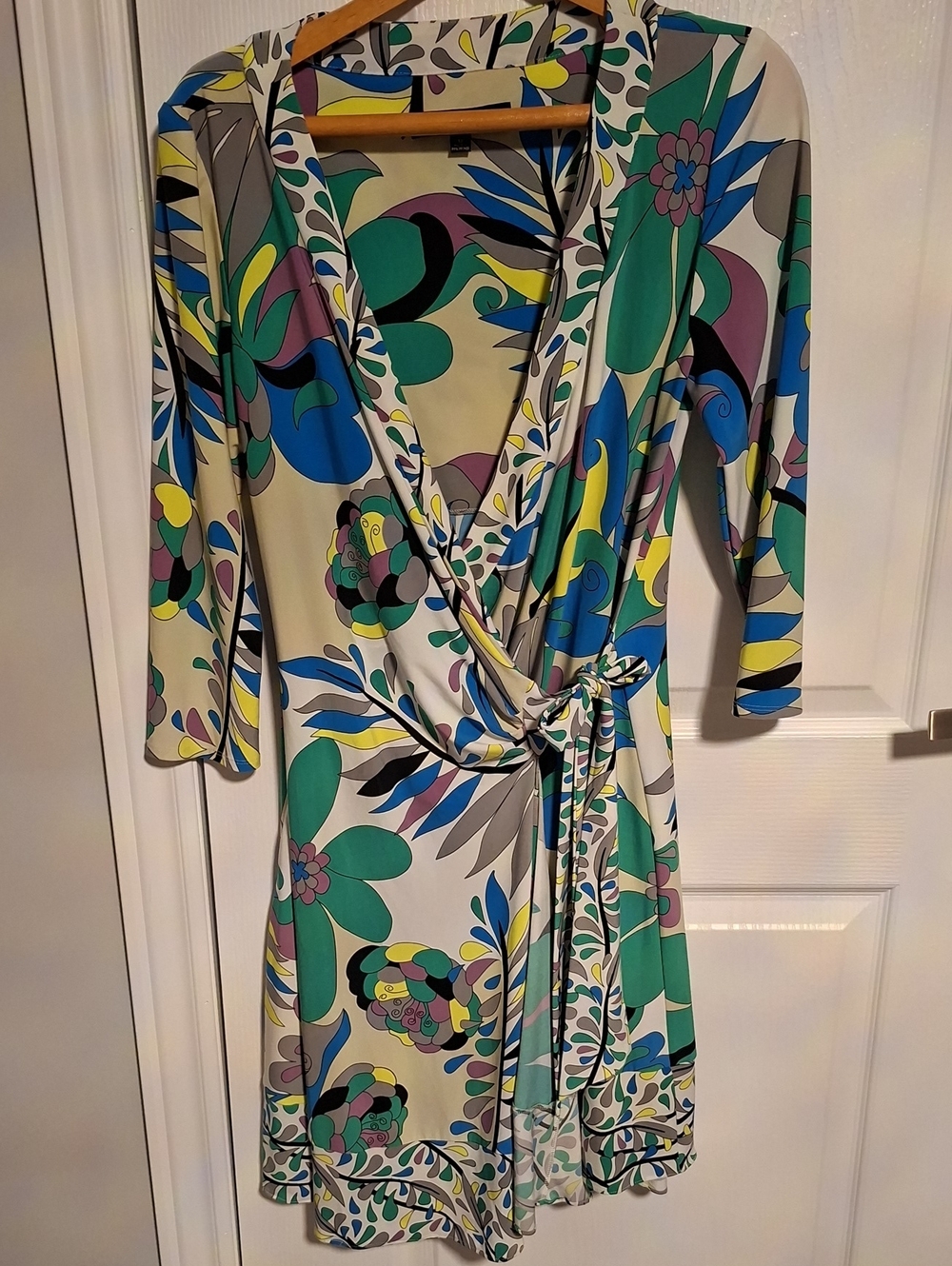 Nine West Cream Floral Wrap Dress with Green, Blue & Purple Accents